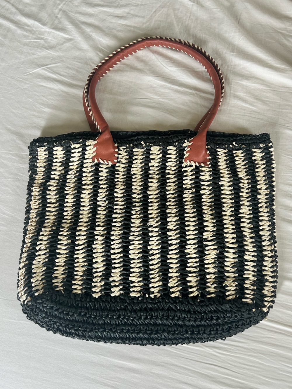 Woven Black & Cream Tote with Brown Handles